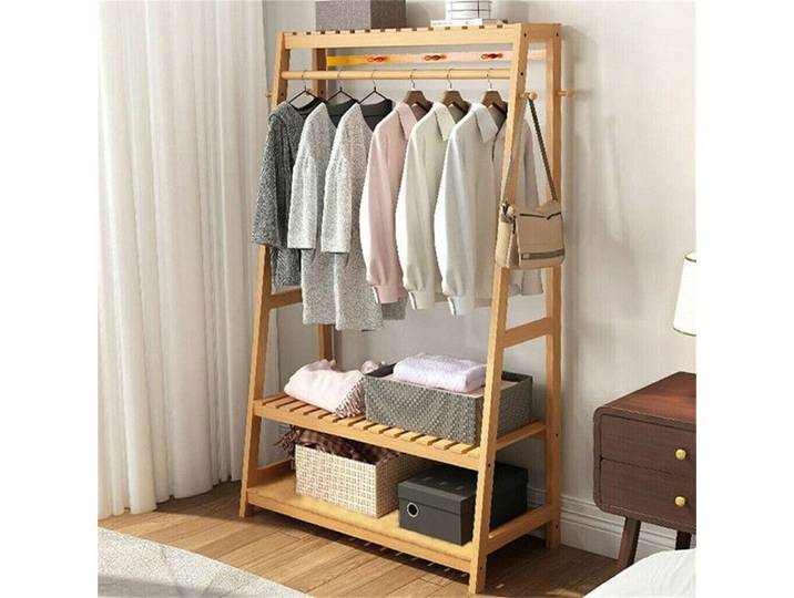 Porte Manteau - UNHO - Armoire de Rangement - Bambou - 3 Étagères - Style Campagne