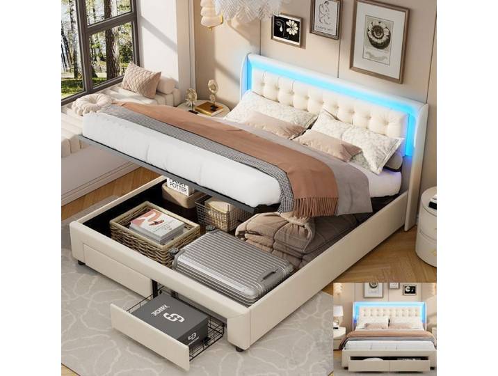 Lit Coffre 140x190 - RWUDV - LED - cadre de lit 140x190 - litcoffre 140x190 coffre - Lit 140x190 avec sommier à lattes-Velours beige