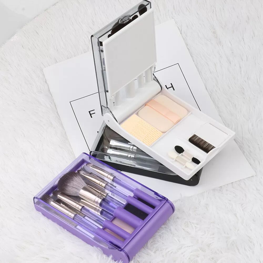 INF Tragbares schwarzes Make-up Pinselset - Multifunktionale Kosmetikpinsel für Reisen mit Spiegel