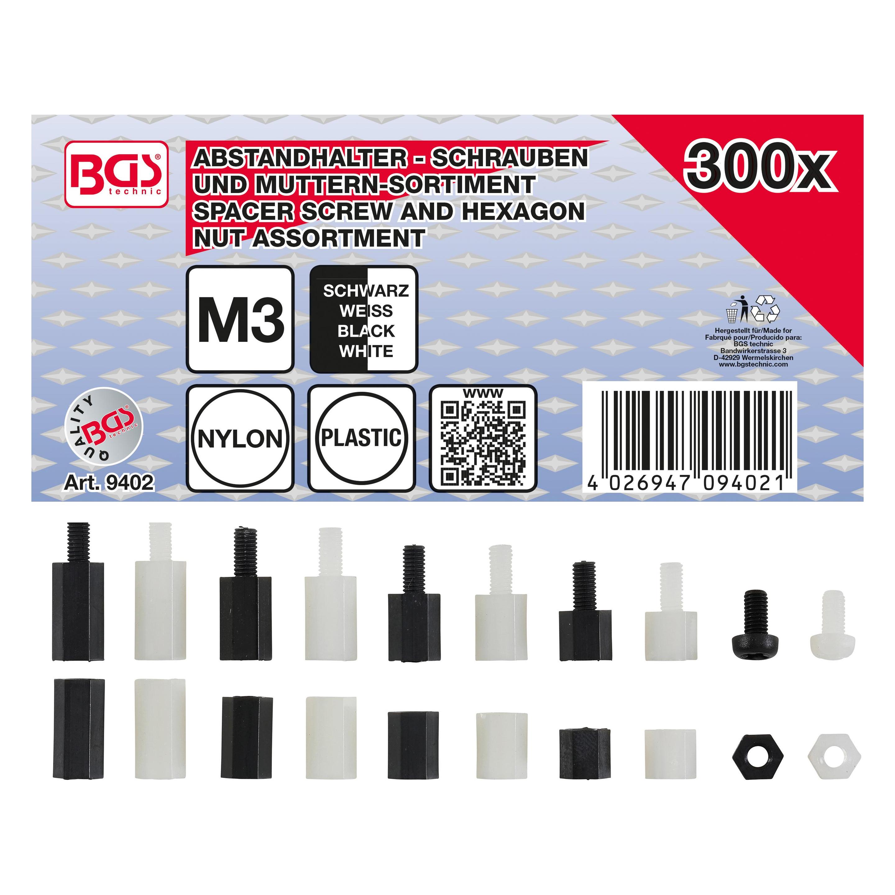 BGS Abstandhalter-Schrauben und Sechskant-Muttern-Sortiment Nylon 300-tlg. (M3) (9402)