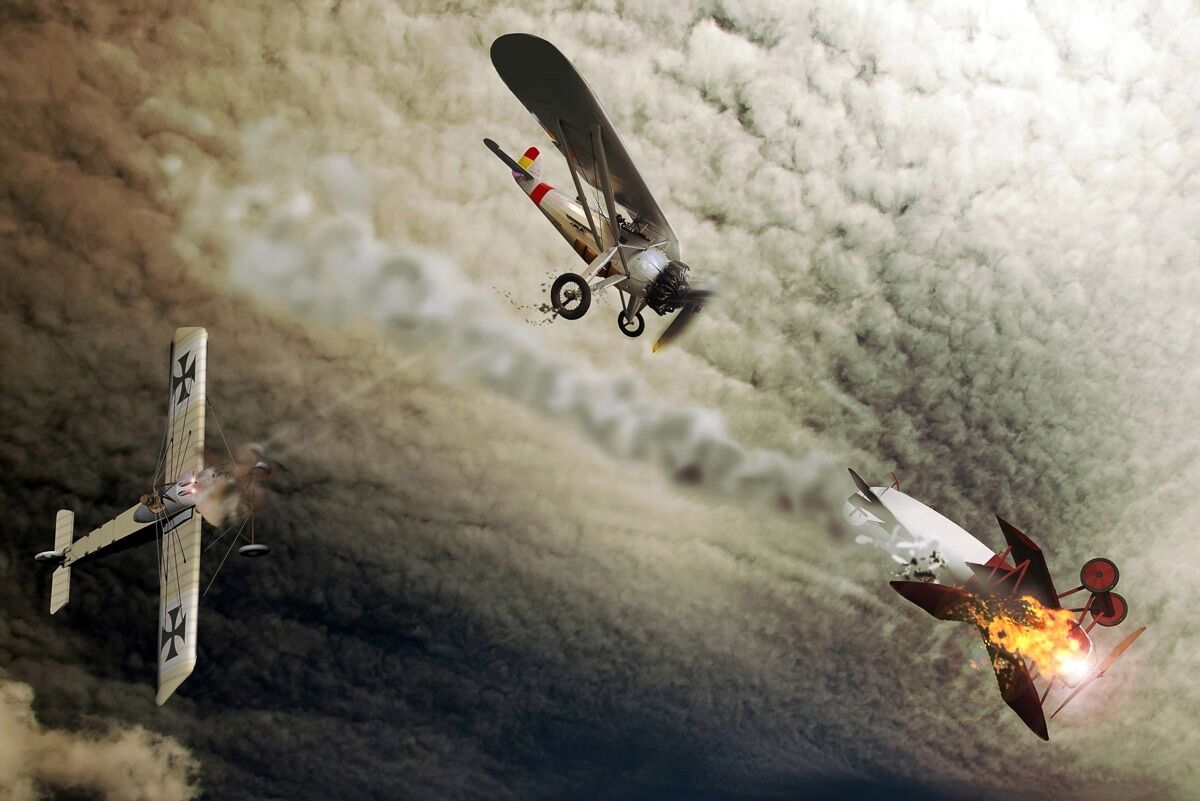 Fototapete PAPERMOON "Flugzeug Kampf", bunt, B:3,5m L:2,6m, Vlies, Tapeten, Fototapete bunt B/L: 3,5m x 2,6m, Bahnen: 7 Stk.