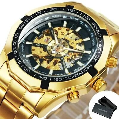 Uplifted Finds WINNER Classic Skeleton Watch For Men Luminous Mechanical Timepiece box Gold all Black
