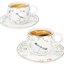 Fancy Garden Vogel & Libelle 2er Espressotassen 110ml mit Untertassen Mokka