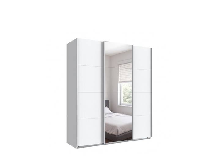 SCHWEBETÜRENSCHRANK 3-türig B180/H208/T64 cm in Weiß, Kleiderschrank mit einer Spiegeltür / 22511