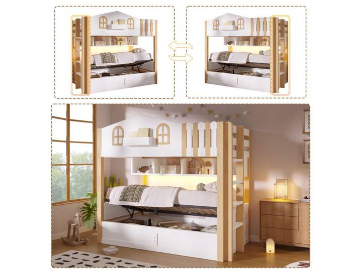 Lit superposé enfant - Design maison avec toit pointu - Dimensions 90x200 cm - Rangement hydraulique sous le lit