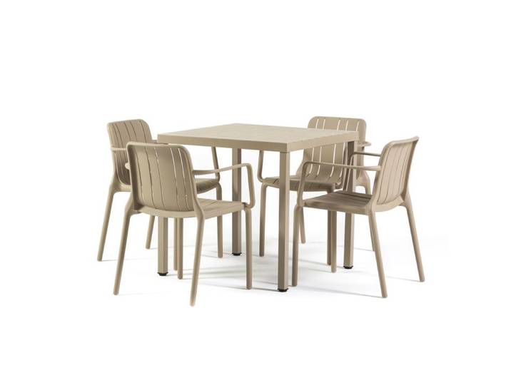 Ensemble de salle à manger extérieur Table carrée 80x80cm et 4 chaises avec accoudoirs pour terrasses jardins Zeno+Ginny/Caramel