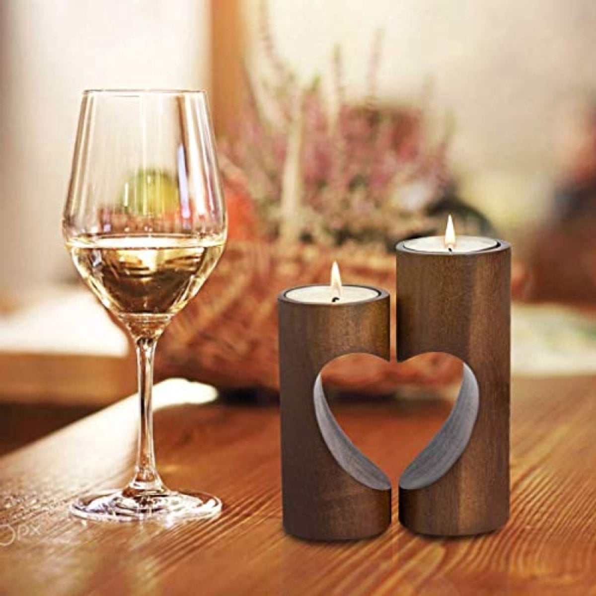 Set van 2 Hartvormige Houten Theelichthouders Unity Decor - Donkerbruin