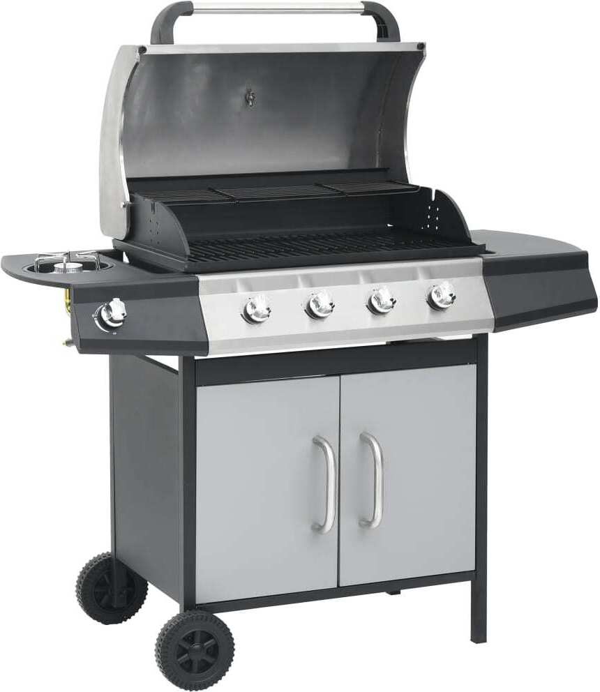 Gasgrill 4+1 Flammen Schwarz und Silbern Stahl & Edelstahl
