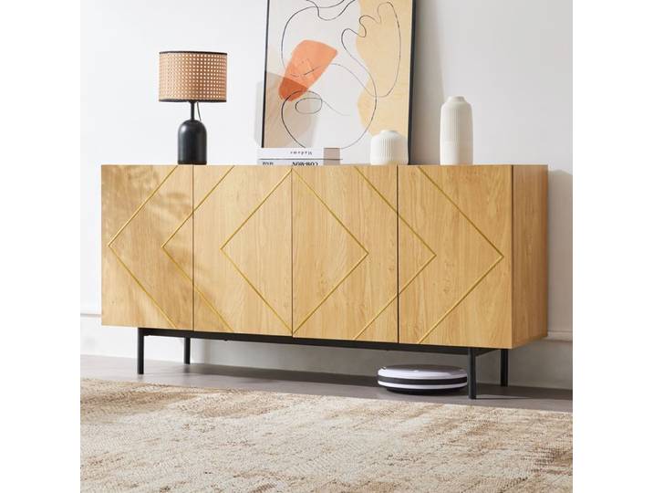 Buffet 4 Portes Bois Naturel avec Incrustations Métalliques - Design Contemporain 160x40x78 cm Naturel