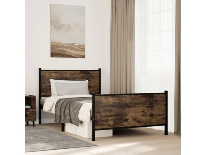 WDGJJFECNMUEHI Stabiles Stahlgestell Elegantes Design 107x203 cm Braun Metallbett ohne Matratze Räuchereiche 107x203 cm stabil Bettgestell mit Lattenrost Stauraum und Kopfteil für Schlafzimmer