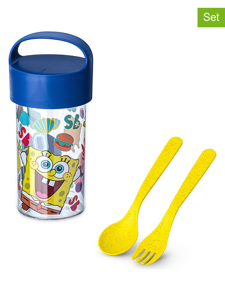 koziol 3tlg. Set: Snackpot und Besteck in Blau/ Gelb - onesize