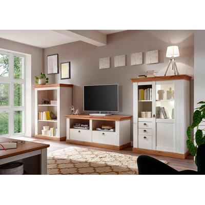 Wohnwand HOME AFFAIRE "Cremona, Anbauwand im Landhausstil, Komplettset, Wohnzimmer-Set", gelb (weiß, honigfarben), B:376cm, Kastenmöbel-Sets, Wohnwand, enthält Regal, Vitrine und Lowboard, 376 cm breit