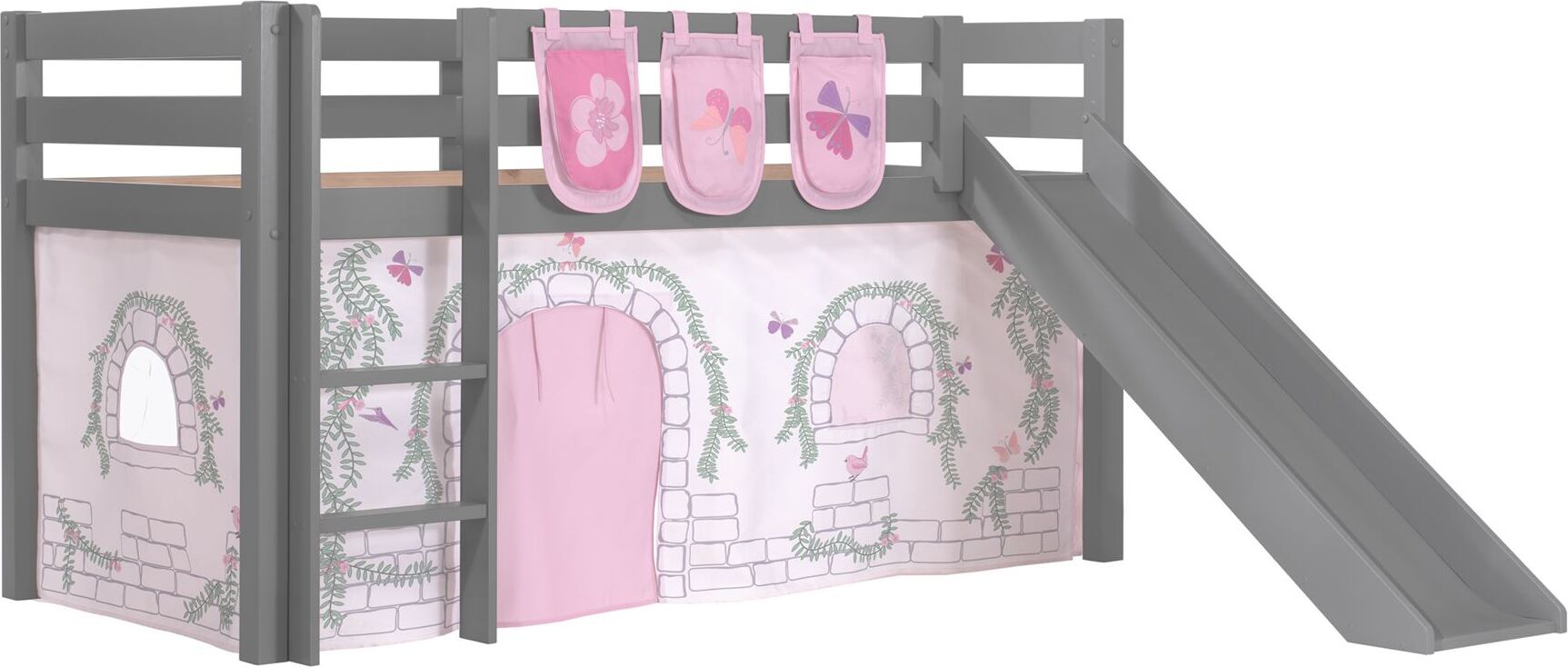Kinderbett mit Rutsche Karolina Massivholz Grau Textilset Burg 3