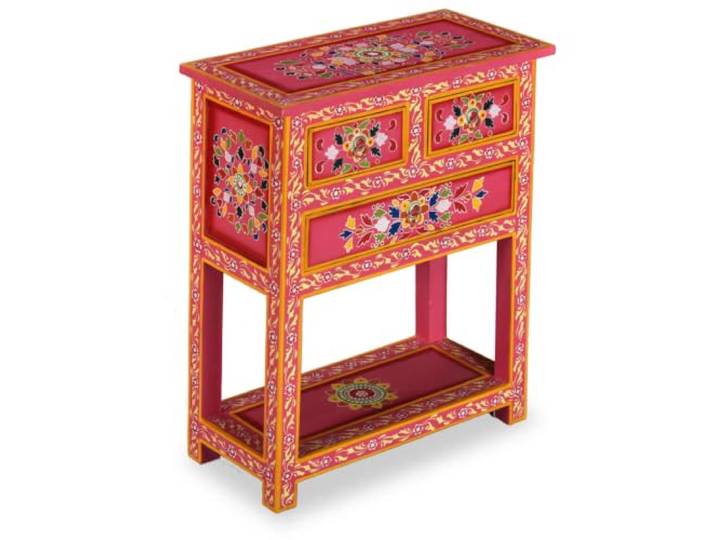Sideboard mit Schubladen Massivholz Mango Rosa Handbemalt 3 Schubladen, 1 Ablage, einzigartige Griffe, handgefertigt, Retro-Stil, Wohnzimmer, bereits zusammengebaut