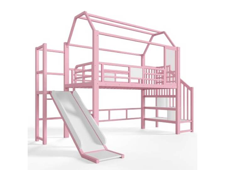 Metall Hochbett Hausform mit Rutsche LED Stauraum 90x200 cm Rosa Metall, pulverbeschichtet, 90 x 200 cm, LED-Beleuchtung mit Bluetooth, Rutsche, Stauraum, EN 747, 150 kg Tragfähigkeit
