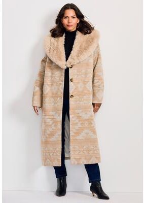 Plus Size Women's Faux Fur Trim Coat by Avenue in Neutral Aztec Geo (Size 20)