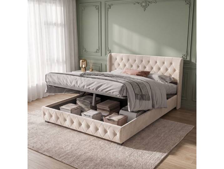 Lit Coffre 140x190 CM - RWUDV -Lit Coffre avec Rangement-Lit 140x190 cm avec Sommier à lattes-litcoffre 140x190 coffre-Velours Beige