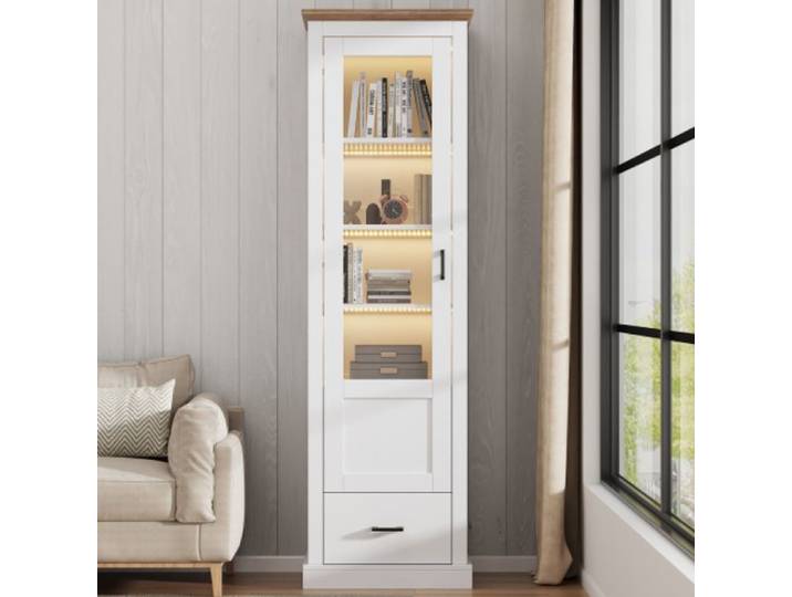 Vitrine rangement moderne blanche mate 178cm LED avec USB décor bois tiroir