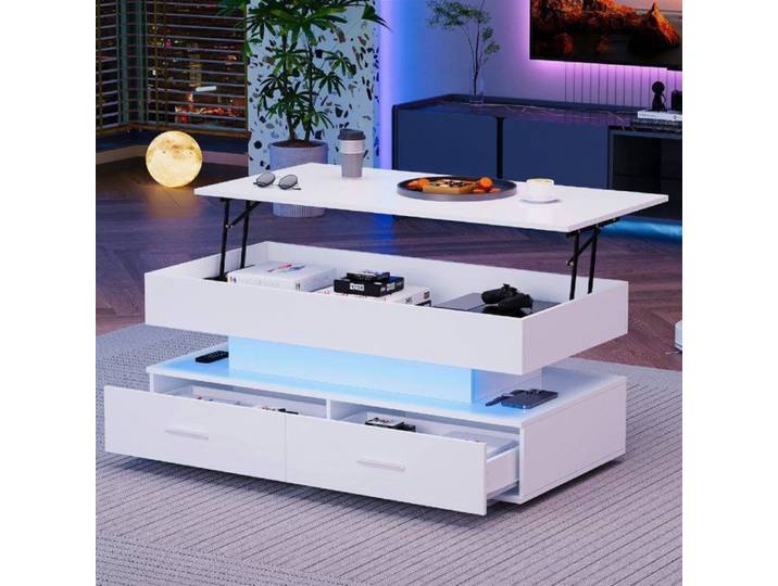 Table basse réglable - LANGTU - 100x50x44 cm - Hydraulique - 2 tiroirs - Éclairage LED Bluetooth
