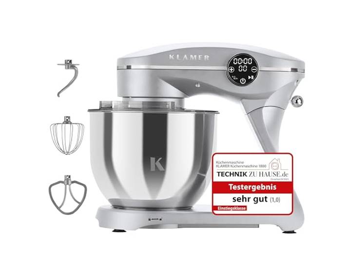 KLAMER Küchenmaschine 1800W, Knetmaschine Brotteig mit 6L Edelstahlschüssel 10 Geschwindigkeiten und Timer, Planetenrührwerk, Knethaken, Flachrührer und Schneebesen, transparenter Sichtdeckel