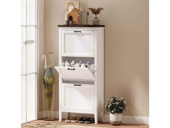 Meuble à chaussures blanc Slim 3 à tiroirs rabattables, meuble de rangement anti-poussière pour entrée, étagère à chaussures multifonctionnelle peu encombrante pour hall d'entrée, balcon, organisateur