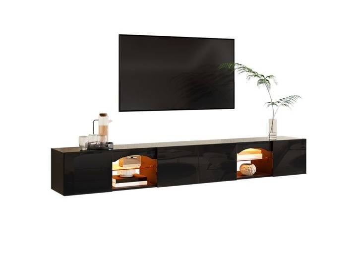 WOVREO Meuble TV bas 200 cm noir brillant 4 portes LED contrôlable par application
