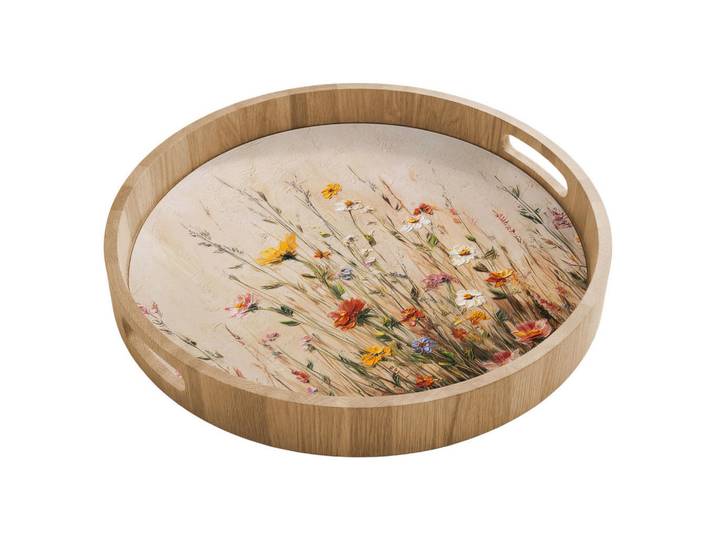 OnlyWow Tablett Wildblumen - Pinselstriche - Ruhig 40x40 cm, Mehrfarbig, Holz, Echtholz,Eiche, Rund, 40x5x5 cm, Geschirr, Tischkultur & Serviergeschirr, Tabletts