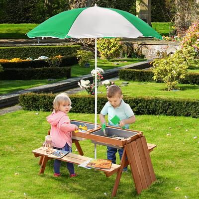 "Outsunny Kids Picnic Table with Umbrella and Storage Inside, Sand and Water Table, Kids Outdoor Furniture - 36.5"" x 33.5"" x 19"""