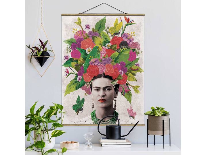 Tableau déco Frida Kahlo portrait fleuri Tissu Multicolore 50 x 66cm
