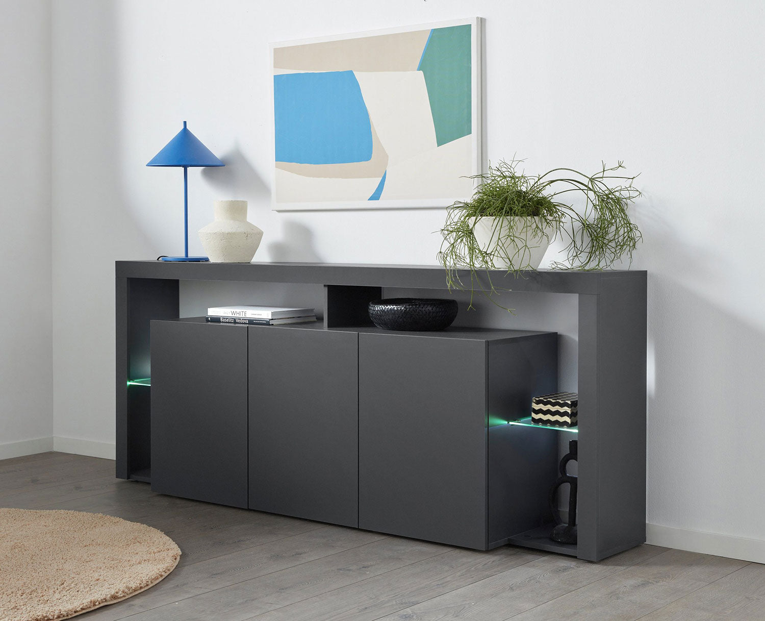 giordanoshop Credenza con 3 Ante e Ripiani in Vetro a Giorno 200x40x80 cm Essential 3A Grigio Antracite Opaco...