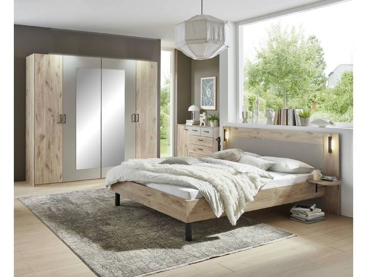 möbel-direkt.de Komplettschlafzimmer Belgrad in Viking Oak & Saharagrau, (Komplett Set, 3-tlg., in verschiedenen Varianten wählbar), Futonbett mit LED-Lichtquelle