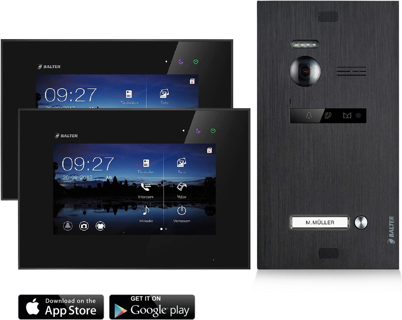 Video Türsprechanlage mit Smartphone App für 1 Familienhaus, Schwarz, 2x Monitore, Balter EVO WLAN Schwarz
