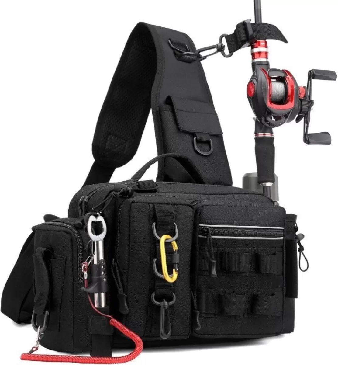 INF Multifunktionale Oxford-Tuch Angeltasche - Outdoor Angelrucksack mit Rutenhalter Schwarz