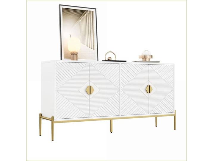 Armoire de Rangement Moderne - Design Géométrique Accents Dorés - Blanc - Salon/Salle à Manger/Entrée