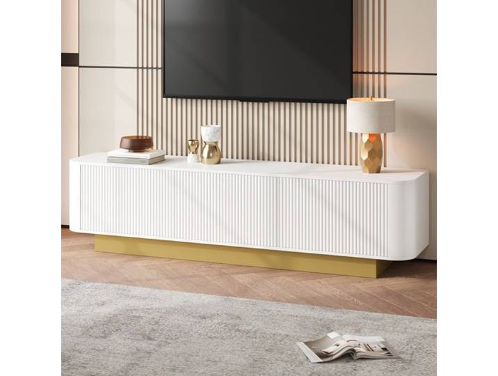 Meuble TV 170x40 5x47cm moderne avec coins arrondis et 3 portes texture rainurée gestion des câbles Blanc