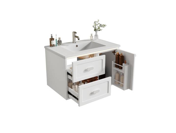 Evryae Waschbeckenunterschrank Badmöbel mit Radarsensor-LED & Keramikbecken, Einheitsgröße / MDF + Keramik, Weiß, Keramik, 2 Schubladen, Rechteckig, 76x51x46 cm, Badezimmer, Badmöbel, Waschbeckenunterschränke