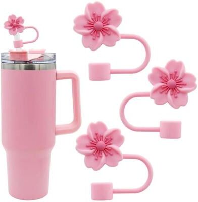 Uplift Essentials Flower Design Silicone Straw Covers For Stanley Cups 30 Oz And 40 Oz 3pcs Pink