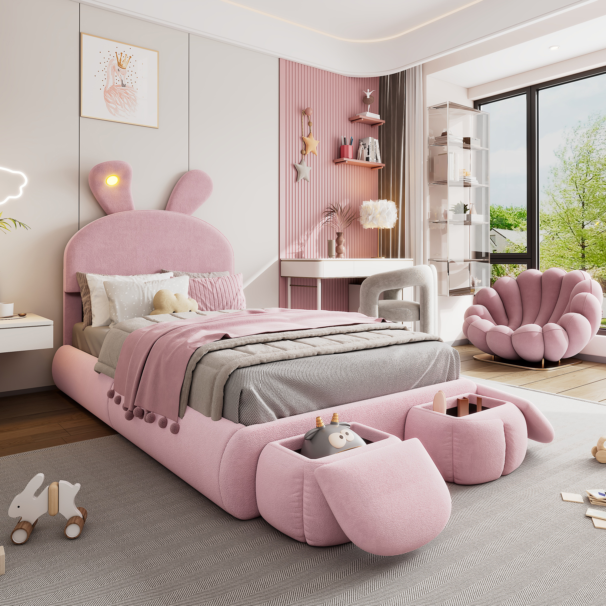 MODFU Kinderbett Polsterbett 90×200 mit LED und Bettkasten,Jugendbett mit Matratze und Kopfteil in Hasenohrenform und zwei Aufbewahrungshockern,Rosa