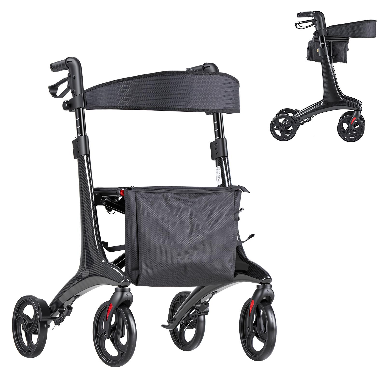 Rollator Faltbar mit Sitz, Leichter Gehwagen mit 8 Zoll Reifen, Gehhilfe bis 136kg mit Rückenlehne Tasche Gehstockhalter