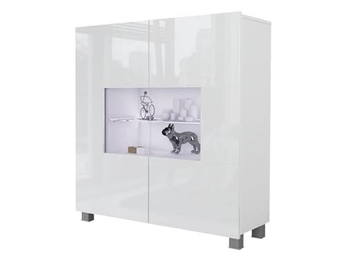 Mirjan24 Kommode Calabrini BR01 mit 2 Türen (Weiß Hochglanz, Blauer LED) Moderne grifflose Kommode mit gehärtetem Glas und viel Stauraum für Wohn- und Schlafzimmer