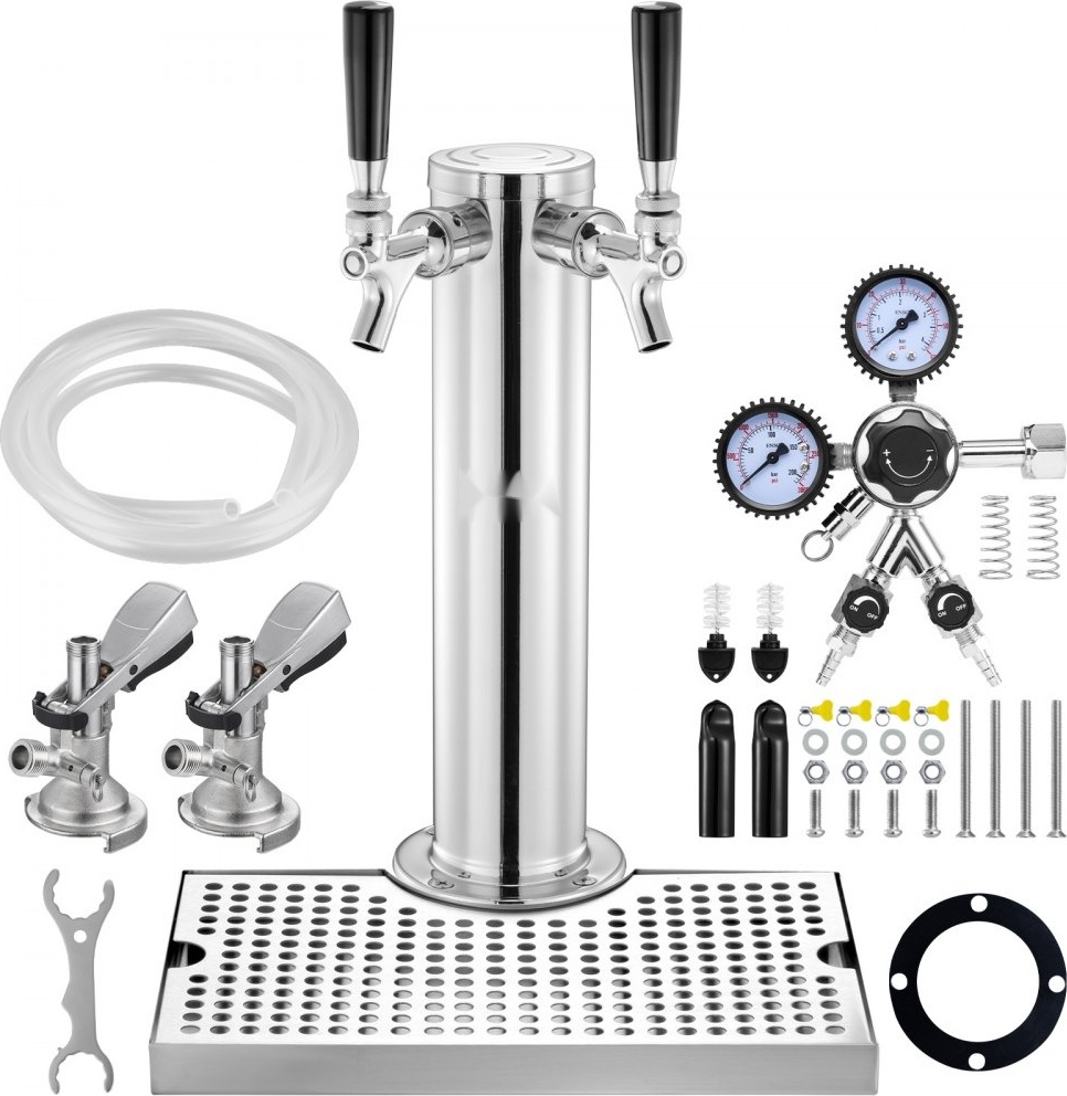 Kegerator-Turm-Kit - Bier-Umrüstsatz mit 2 Zapfhähnen - Edelstahl Bier-Turmspender mit Doppelmessgerät W21.8-Regler - A-System-Fasskupplung - Bier-Tropfschale für Partys zuhause
