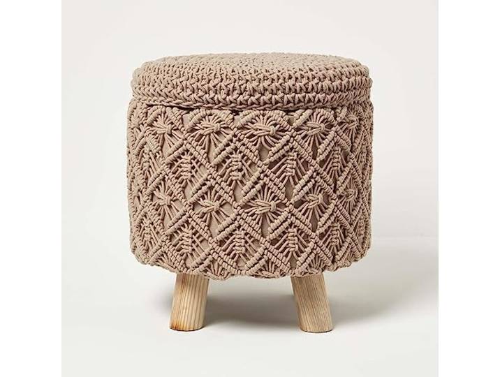 Homescapes Indy Makramee-Hocker mit Stauraum braun 41x43 cm, Stoff-Hocker mit Holzbeinen, runder Hocker Boho Style