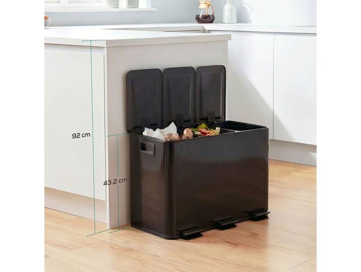 HOMCOM Poubelle Cuisine 45L 3 Compartiments Noir