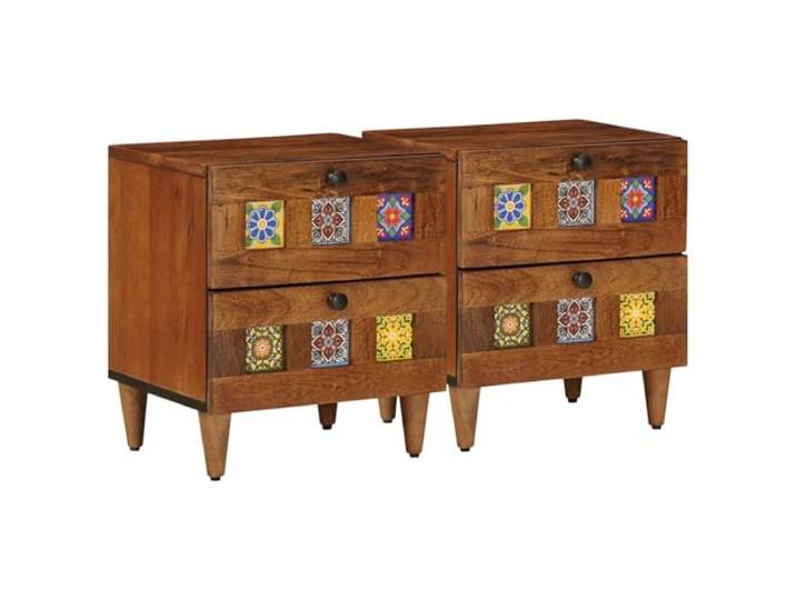 fsahslih Nachttisch 2er Set Massivholz Mango 40x33x46 cm Braun Kompakte Beistelltische fürs Schlafzimmer aus Echtholz mit 2 Schubladen für Ordnung direkt am Bett.