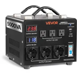 VEVOR Spannungswandler-Transformator, 5000 VA, Hochleistungs-Aufwärts-/Abwärtstransformator, 110 V auf 220 V & 220 V auf 110 V, mit 3 US-Steckdosen, 3 EU-Steckdosen, LCD-Display, Schutzschalter