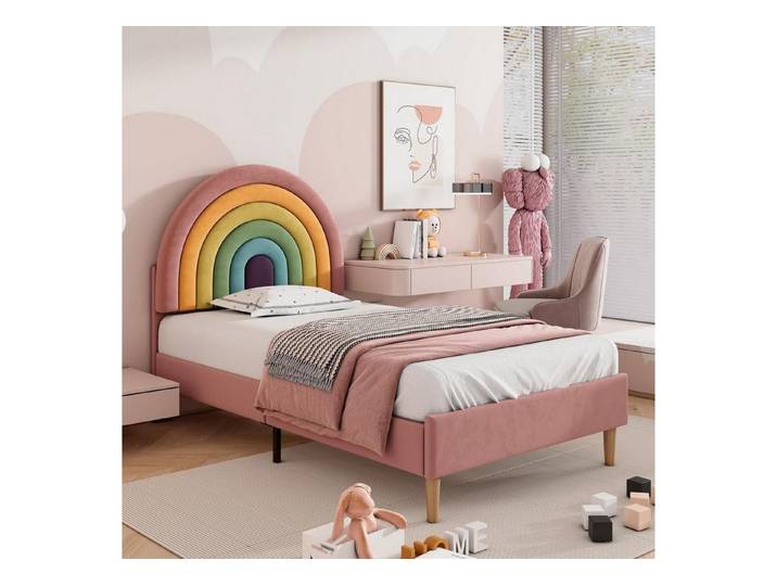 LuxusKollektion Polsterbett Kinderbett 90x200 Rosa Regenbogen
