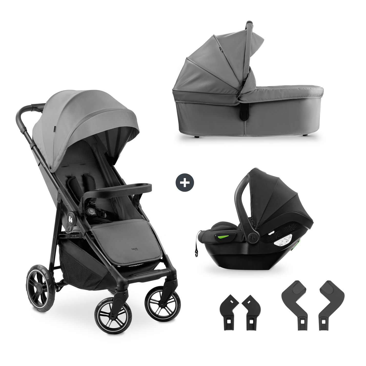 hauck 3in1 Kinderwagen Set Shop N Care Trio Set inkl. Buggy, Babywanne, Babyschale ab Geburt bis 22 kg, Klein Zusammenklappbar, Liegefunktion, Getränkehalter & Tablett, UV-Schutz 50+ (Grey)