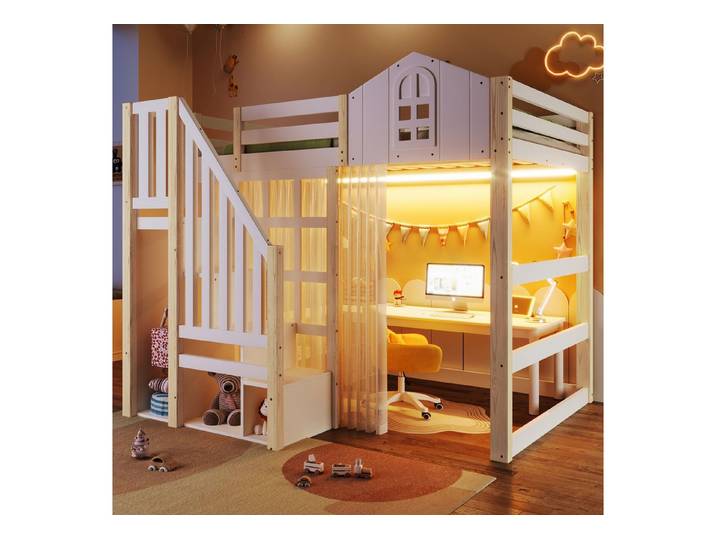 Ulife Etagenbett Hochbett Kinderbett mit LED-Leuchten, Fensterform, Ablageleiter (1-St., Ohne Matratze), Weiß+Natur, 140x200cm