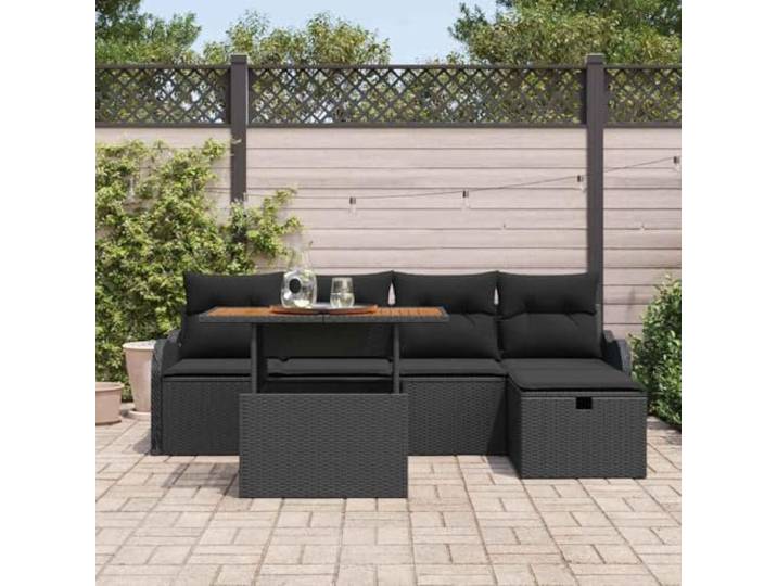 KTHLBRH Gartenmöbel-Set aus Polyrattan, 6-teilig, Schwarz Eckbank mit Tisch, 5 Plätze, Stahl, verstellbar, für Terrasse