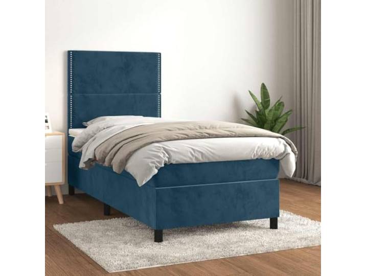 RJPLMFV Samtbett, Dunkelblau, 100 x 200 cm, mit Lattenrost und Matratze Verstellbarer Kopf, Taschenfedern, mittlere Unterstützung, weicher Matratzenschoner